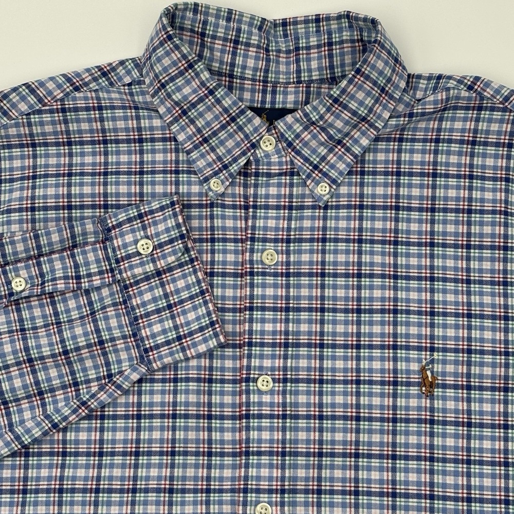 Polo Ralph Lauren Shirt Mens L Large Blue Plaid Cotton Button Down Classic‎ Fit
